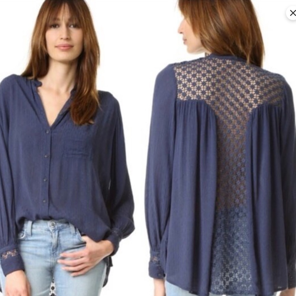 Free People  "The Best Lace" Button Down Blue Size M